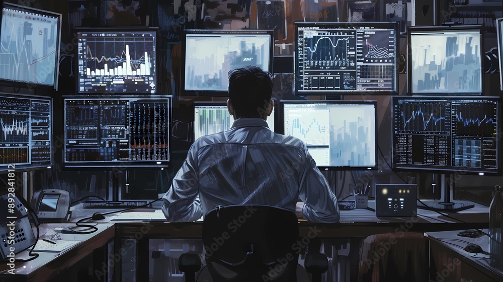 Abstract black and white drawing of a stock traders, room, monitors, only his back visible, Etching style, Generative AI illustrations. Abstract black and white drawing of a stock traders, room, monitors, only his back visible, Etching style, Generative AI illustrations.