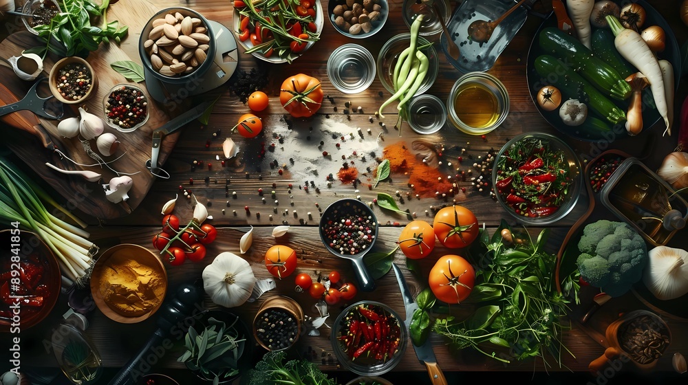 A chef's table top from a straight down camera angle with various ingredients scattered a busy chef's table with vegetables, herbs, spices on a wooden table top, Generative AI illustrations. A chef's table top from a straight down camera angle with various ingredients scattered a busy chef's table with vegetables, herbs, spices on a wooden table top, Generative AI illustrations.