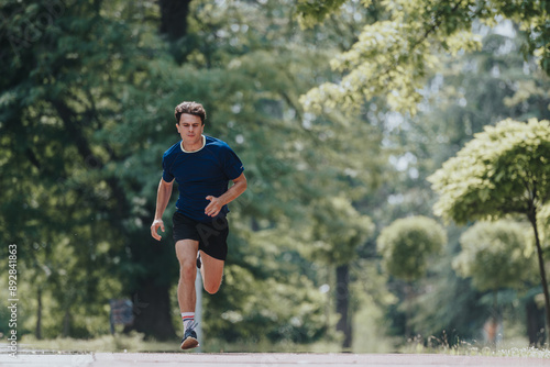 Young man running outdoors in a park on a sunny day, focusing on fitness and health