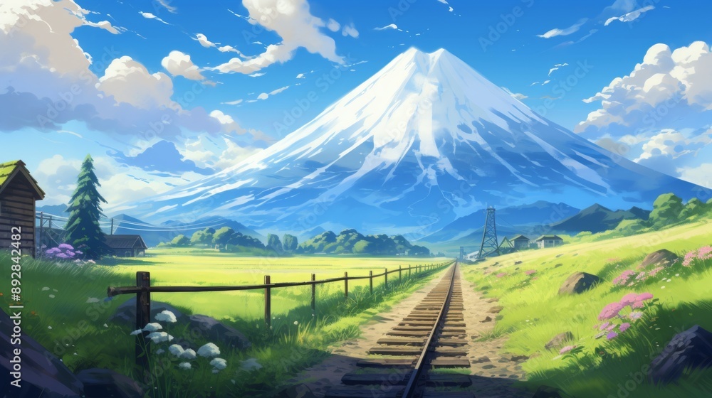 Fototapeta premium a narrow road leading to mount fuji in distance anime style,