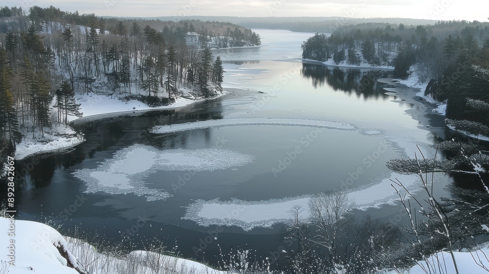 Fototapeta premium Captivating Winter Landscape of a Snow-Covered Forest Surrounding a Partially Frozen Lake with Scenic Reflections and Ice Formations