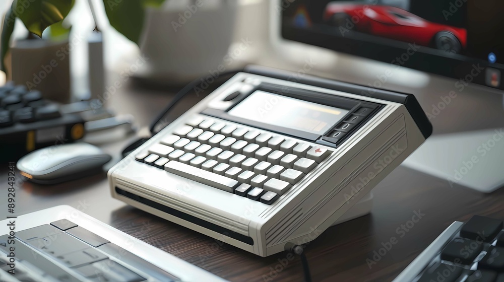 An old calculator with a keyboard on a desk, Generative AI illustrations. An old calculator with a keyboard on a desk, Generative AI illustrations.