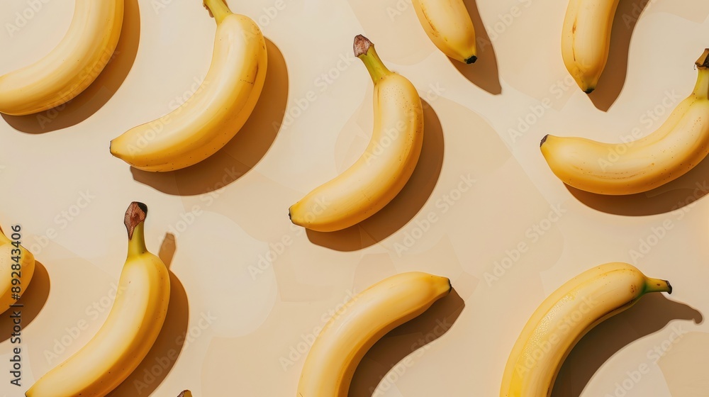 Trendy beige backdrop with yellow bananas. Fresh summer snack, organic and vegan. Healthy raw food concept. Bright wallpaper. Trendy beige backdrop with yellow bananas. Fresh summer snack, organic and vegan. Healthy raw food concept. Bright wallpaper.