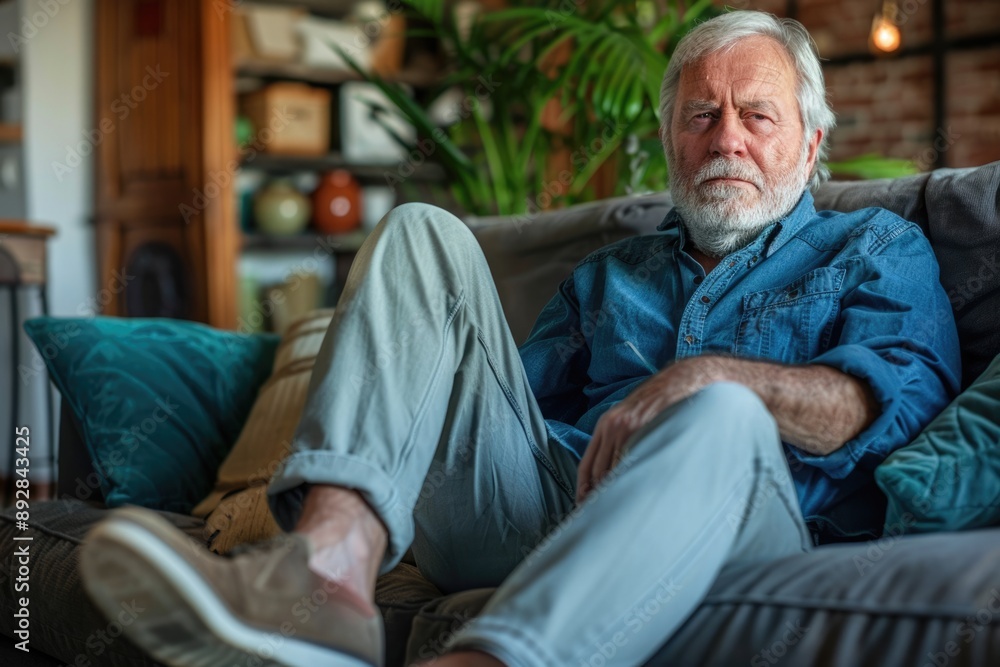 Shoe Pain. Elderly Grey-Haired Caucasian Man Suffering from Feet Pain While Sitting on Sofa Shoe Pain. Elderly Grey-Haired Caucasian Man Suffering from Feet Pain While Sitting on Sofa