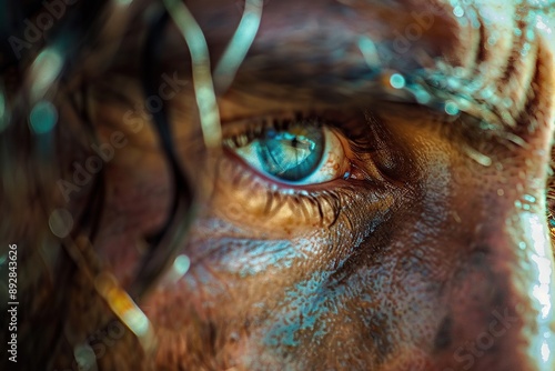 The eyes of Christ full of compassion with the reflection of planet earth