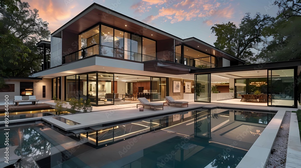 Fototapeta premium A modern house with pool, concrete and wood elements, glass walls at sunset, living room, dining area, outdoor seating, courtyard, Generative AI illustrations. 