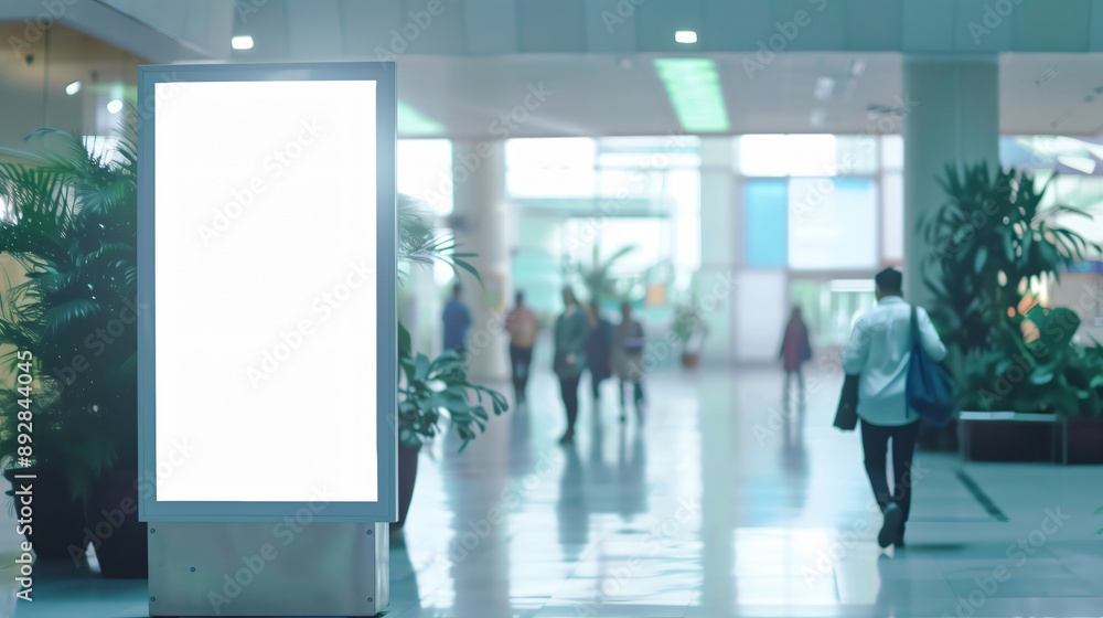 Empty billboard stands in a hospital corridor as medical professionals pass by Empty billboard stands in a hospital corridor as medical professionals pass by