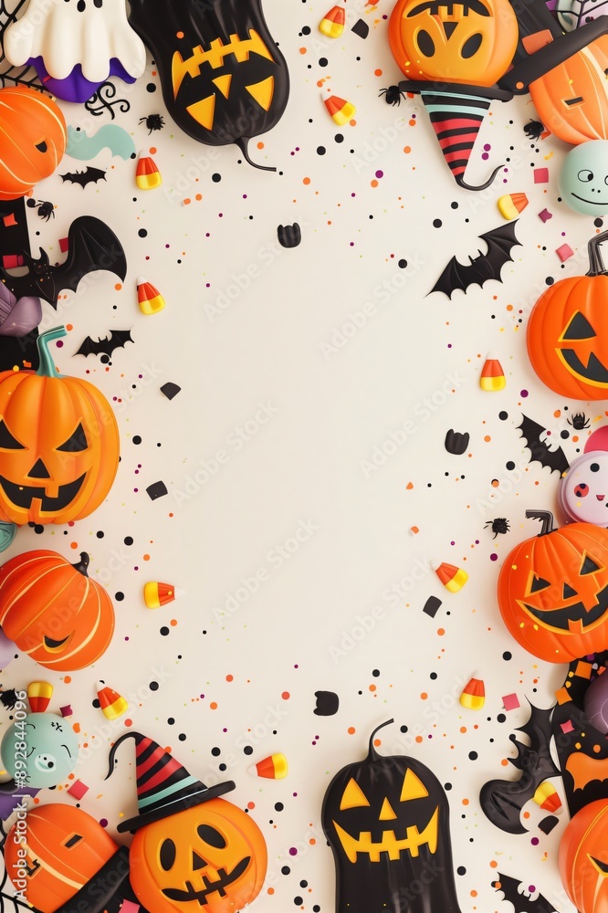 Halloween frame made with pumpkins, bats, candies, and confetti creating a copy space on a beige background Halloween frame made with pumpkins, bats, candies, and confetti creating a copy space on a beige background