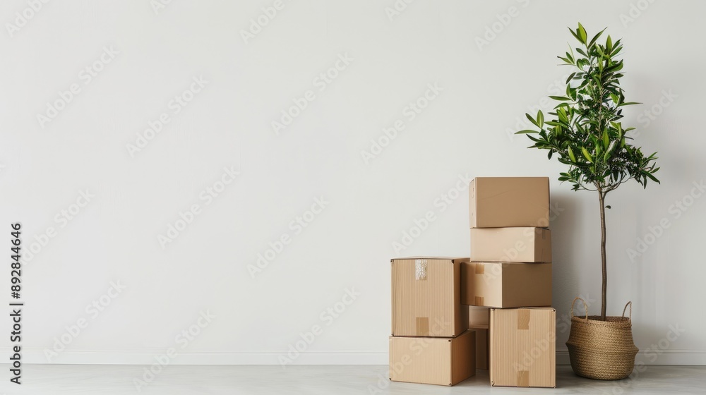 Piles of boxes and plant by white wall, room for text. Moving day Piles of boxes and plant by white wall, room for text. Moving day