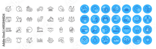 Creative idea, Love letter and Meeting line icons pack. Promotion bell, Parking garage, Notification bell web icon. Analysis app, Scroll down, Green energy pictogram. Augmented reality. Vector