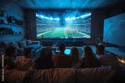 A Group of Friends Enjoy a Night In Watching a Thrilling Football Game on a Large Screen Projector