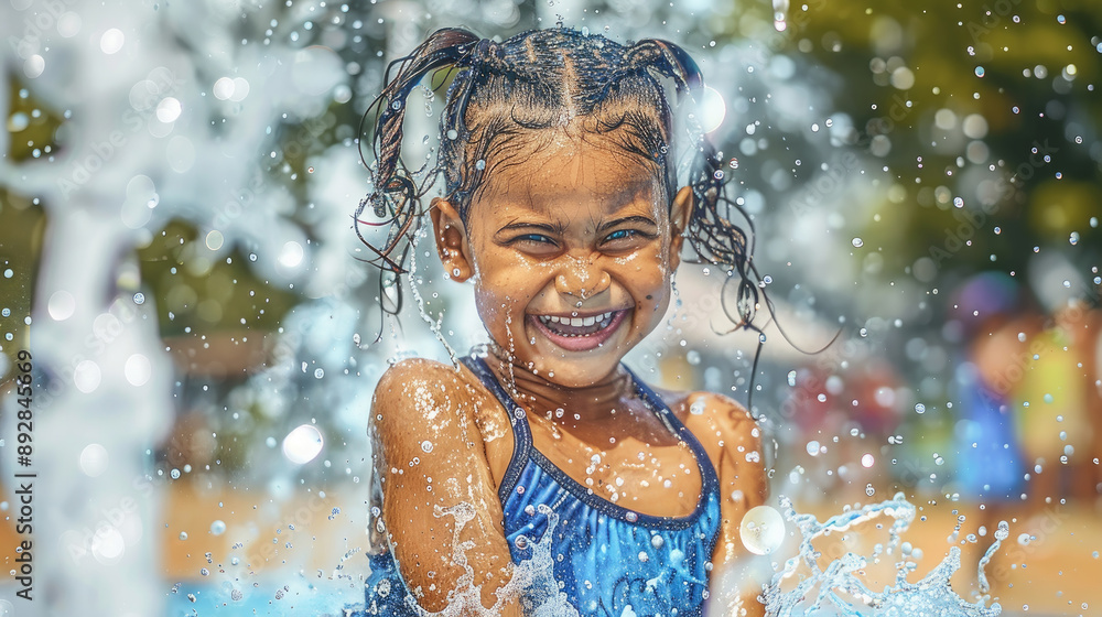 Fototapeta premium A young girl with pigtails smiles and laughs as she plays in a water fountain on a sunny day