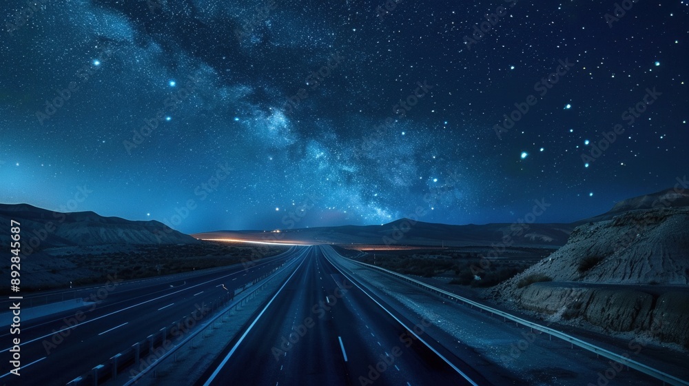 Highway at night, starry sky, light traffic, peaceful landscape Highway at night, starry sky, light traffic, peaceful landscape