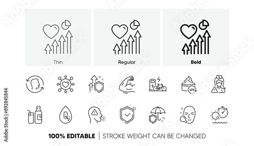 Nurse, Tanning time and Umbrella line icons. Pack of Uv protection, Dating, Improving safety icon. Electric bike, Milk, No alcohol pictogram. Shield, Face id, Strong arm. Cough. Line icons. Vector