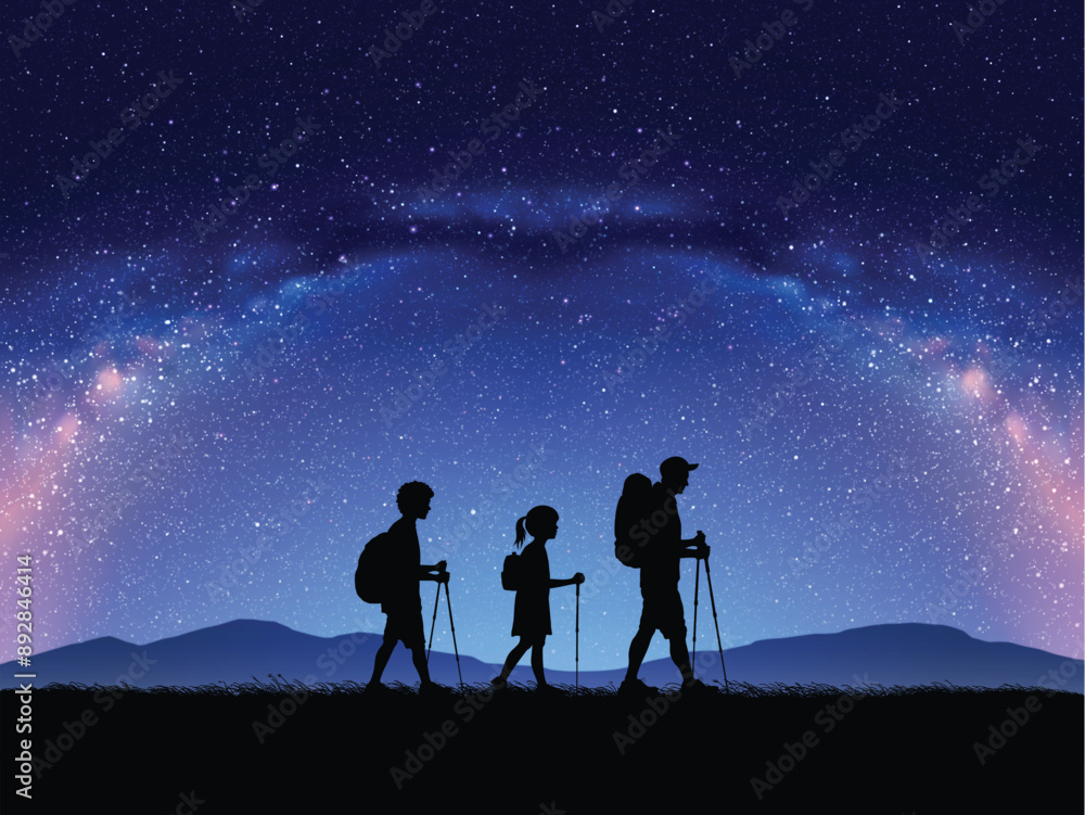 Father and children travel. Family walk with trekking poles. Milky Way Father and children travel. Family walk with trekking poles. Milky Way