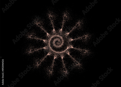 Salt or sugar crystal powder, flying dust particles. Pink dust grain texture isolated on dark background. Crushed granules of sand or himalayan salt in star form. Vector illustration of spilled powder