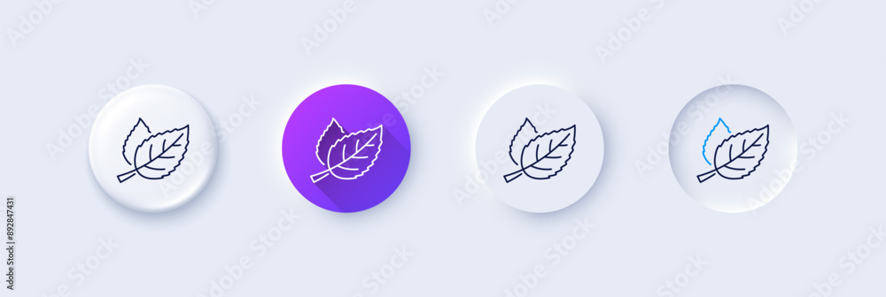 Leaves line icon. Neumorphic, Purple gradient, 3d pin buttons. Nature plant leaf sign. Environmental care symbol. Line icons. Neumorphic buttons with outline signs. Vector Leaves line icon. Neumorphic, Purple gradient, 3d pin buttons. Nature plant leaf sign. Environmental care symbol. Line icons. Neumorphic buttons with outline signs. Vector