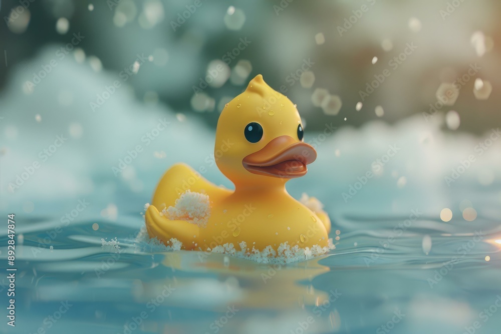 Peaceful image of a yellow rubber duck amidst gentle water splashes Peaceful image of a yellow rubber duck amidst gentle water splashes
