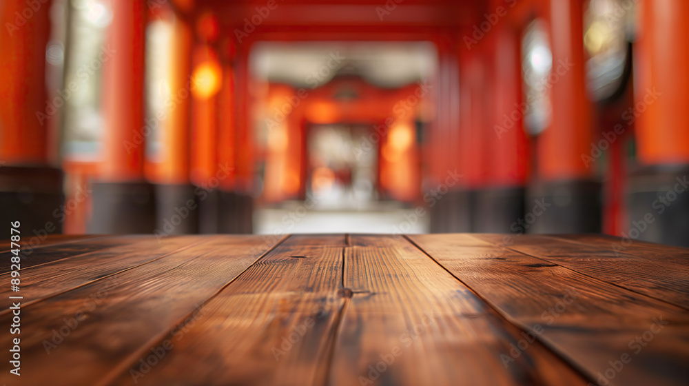 Fototapeta premium close up of rustic empty wooden table with blurred kyoto shrine background