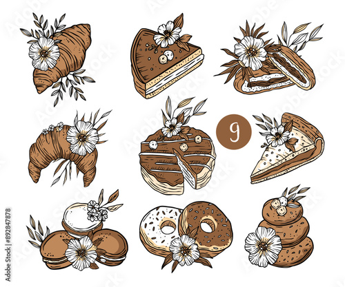 Vintage ornate vector set of baked goods croissant cake piece of pie donuts pasta cookies with flowers with flowers. Floral bakery icons