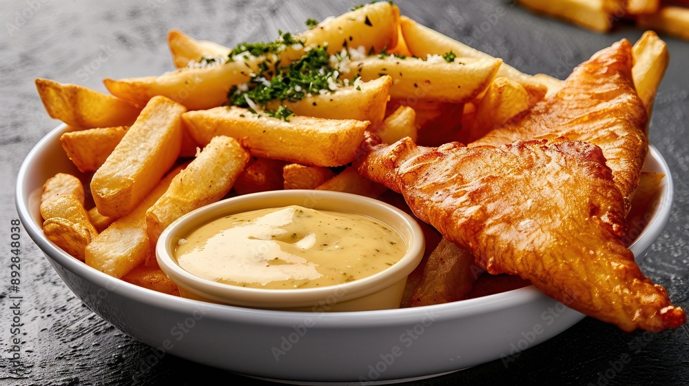 Crispy fish and chips with tartar sauce and fresh parsley. Crispy fish and chips with tartar sauce and fresh parsley.