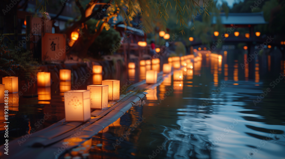 Traditional Japanese lanterns float serenely during Obon. Natural elements like a gentle river, surrounding trees, and an old wooden bridge Traditional Japanese lanterns float serenely during Obon. Natural elements like a gentle river, surrounding trees, and an old wooden bridge