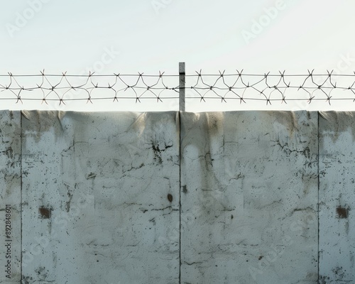 Enhanced security with barbed wire on robust concrete fence wall for maximum protection photo