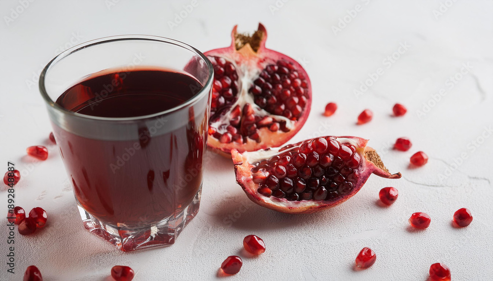 Glass of pomegranate juice with fresh pomegranate seeds on granite table. Sweet fruit detox drink. Glass of pomegranate juice with fresh pomegranate seeds on granite table. Sweet fruit detox drink.