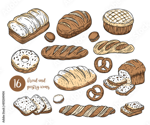Vintage vector icon set collection of illustrations of bread baking loaf baguette pretzels donut for grocery bakery