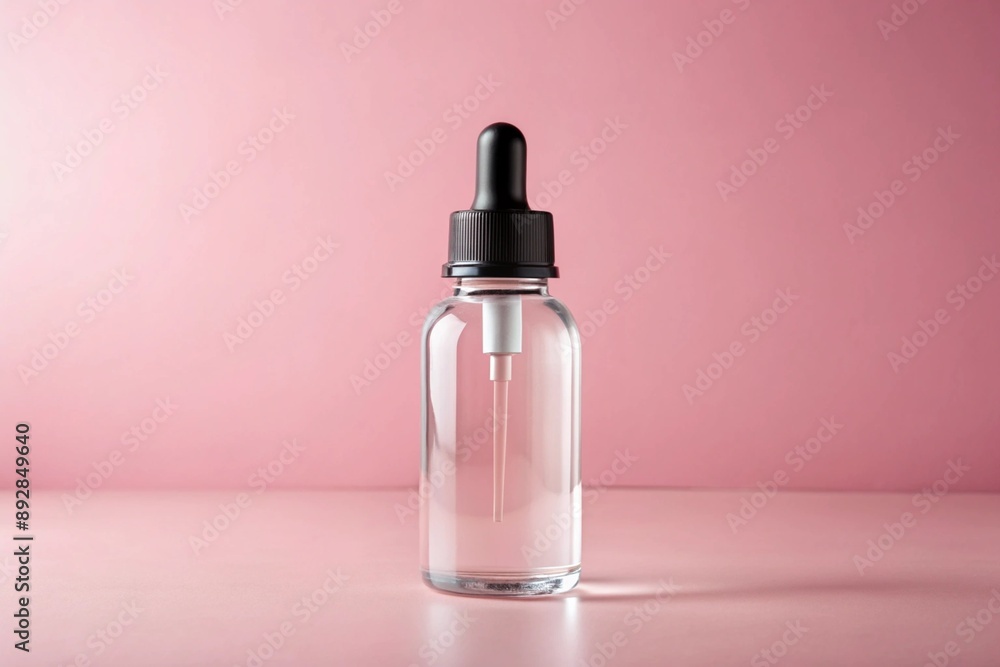 Glass dropper bottle on a pastel pink background. Monochrome color. Minimalist healthy skincare concept. Glass dropper bottle on a pastel pink background. Monochrome color. Minimalist healthy skincare concept.