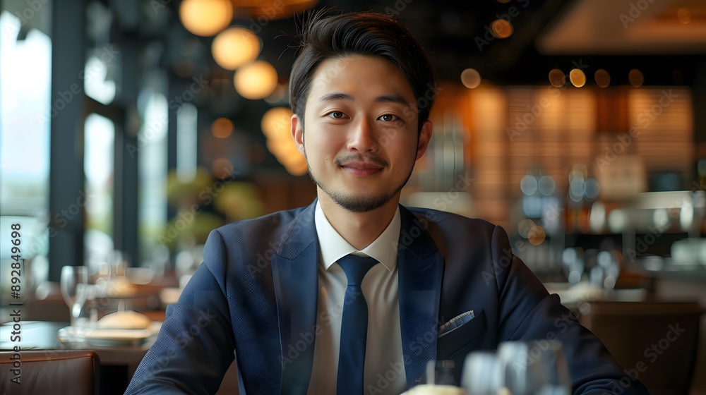 レストランのテーブルに座っている若い日本のビジネスマン レストランのテーブルに座っている若い日本のビジネスマン