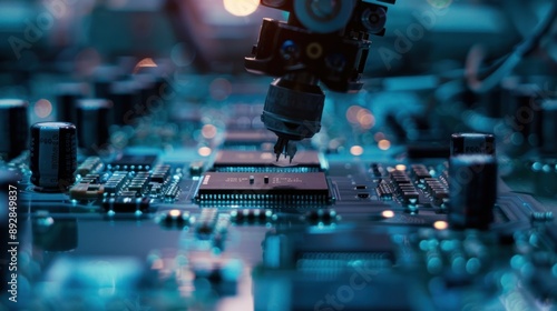 A robotic arm assembles a circuit board in a factory setting © Penatic Studio