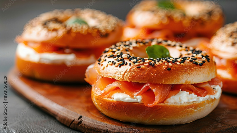 Close up of fresh bagels with cream cheese and smoked salmon on a wooden board. Close up of fresh bagels with cream cheese and smoked salmon on a wooden board.