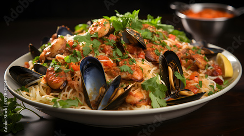 Mediterranean Seafood pasta dish of Mussels fish