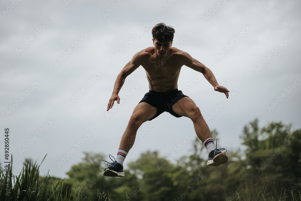 Shirtless athletic man performing high jumps in the air outside on a cloudy day, showcasing strength, fitness, and agility. Shirtless athletic man performing high jumps in the air outside on a cloudy day, showcasing strength, fitness, and agility.