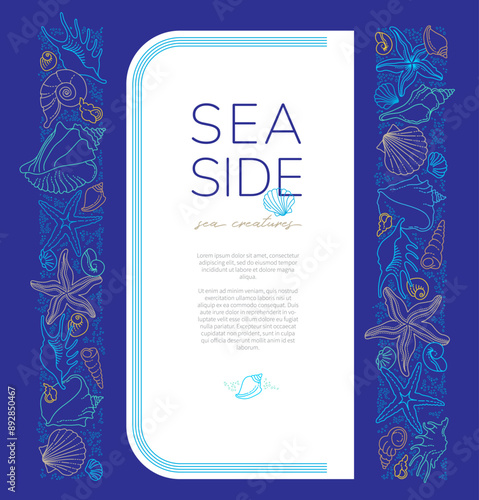 Vector frame, border, vignettes, corners of line art tropical sea elements, seashells, starfish. Doodles of marine life. Sea decor for scrapbook, card, design. Ocean creatures. Maritime illustration