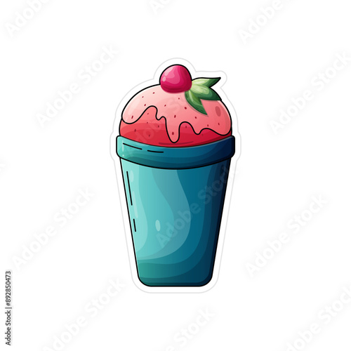 isolated flat summer berry pink drink in blue glass on the white background. vector sticker art