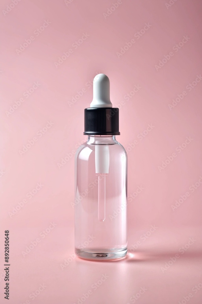 Glass dropper bottle on a pastel pink background. Monochrome color. Minimalist healthy skincare concept. Glass dropper bottle on a pastel pink background. Monochrome color. Minimalist healthy skincare concept.