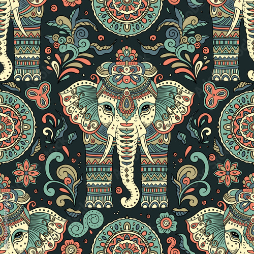 Ornate Indian elephant vintage animal cute seamless pattern vector bohemiam illustration