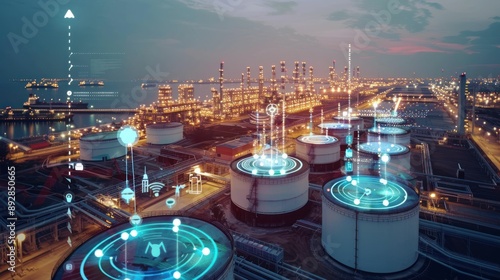 Futuristic Industrial Internet of Things Sensors Monitor Oil Refinery photo