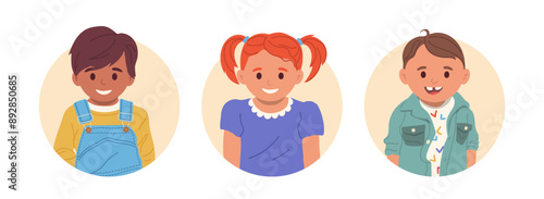 Isolated round portrait composition with happy smiling casual preschool children cartoon characters