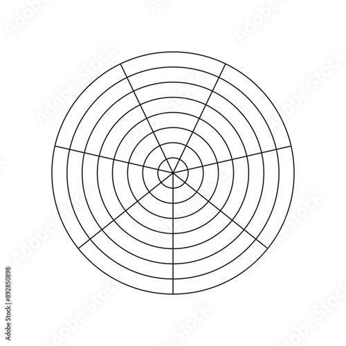 Coaching tool. Polar black grid of 7 segments and 7 concentric circles. Circle diagram of lifestyle balance. Wheel of life template isolated on a white background. Graphic blank polar graph paper. 