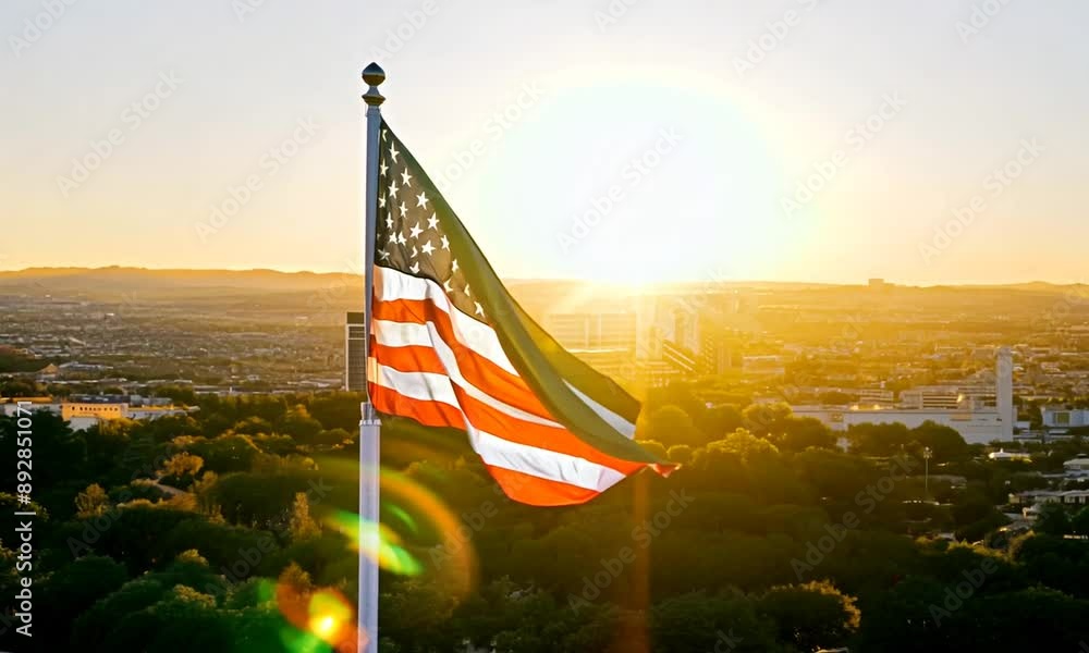 American flag flying in the wind at sunrise over the city of Los Angeles slow motion
