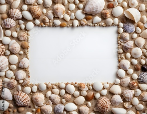 Seashells and Sand Frame on a White Background