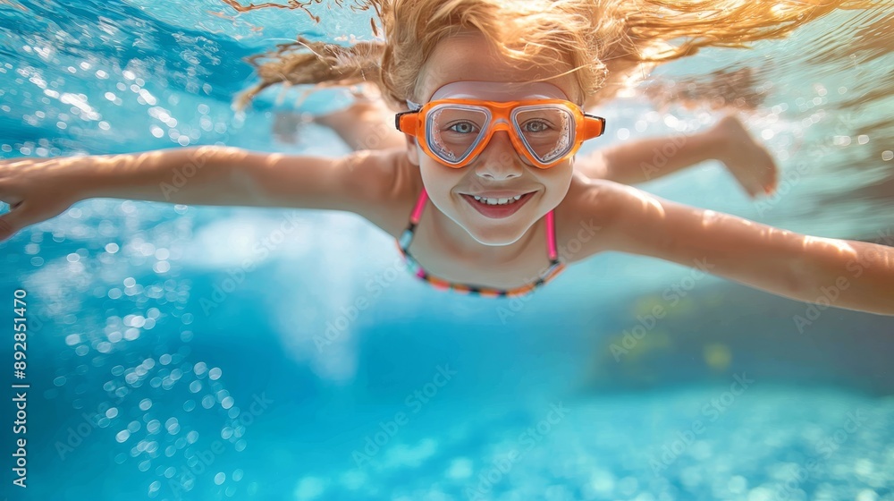 Naklejka premium Close up shot of a girl swimming underwater, designed for a captivating banner display