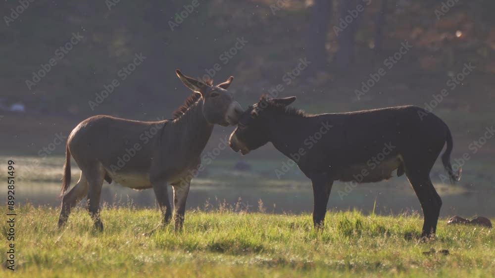 donkeys playing on the grass in slow motion donkeys playing on the grass in slow motion
