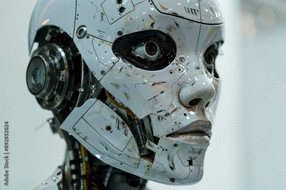 Detailed side view of a futuristic android's face, showcasing intricate artificial features Detailed side view of a futuristic android's face, showcasing intricate artificial features