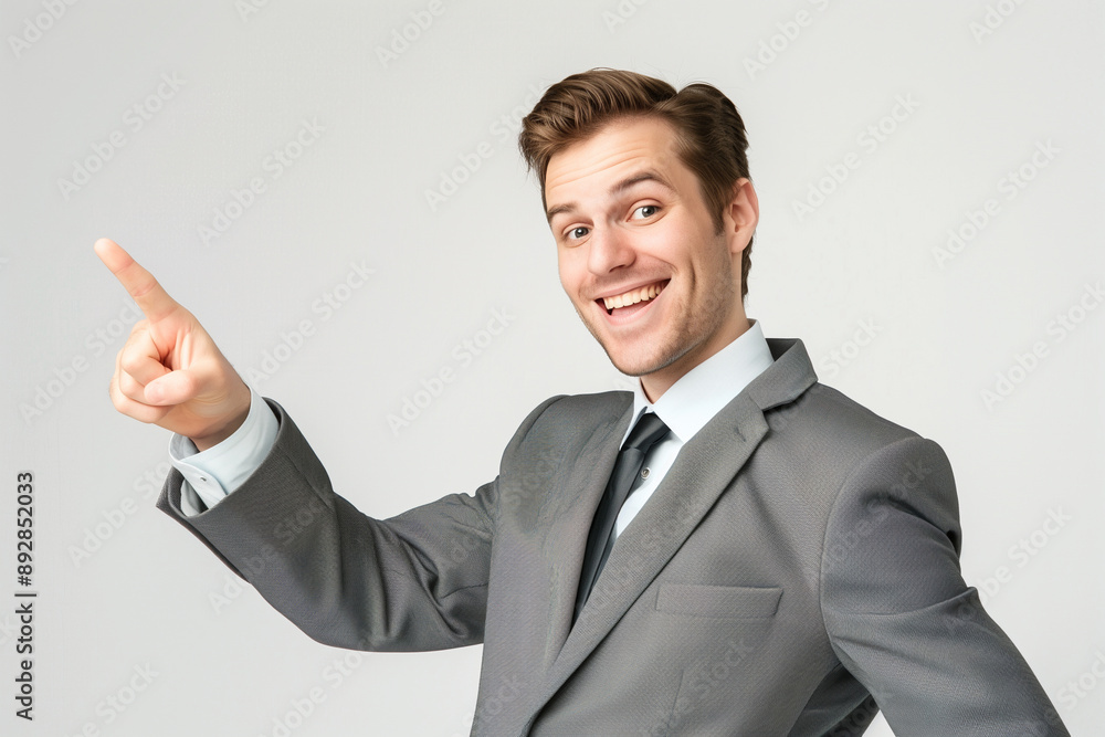 Smiling business man freelancer pointing with index finger and looking at camera standing isolated on white background. Happy satisfied young guy with brown hair, dressed smart casual in grey costume Smiling business man freelancer pointing with index finger and looking at camera standing isolated on white background. Happy satisfied young guy with brown hair, dressed smart casual in grey costume