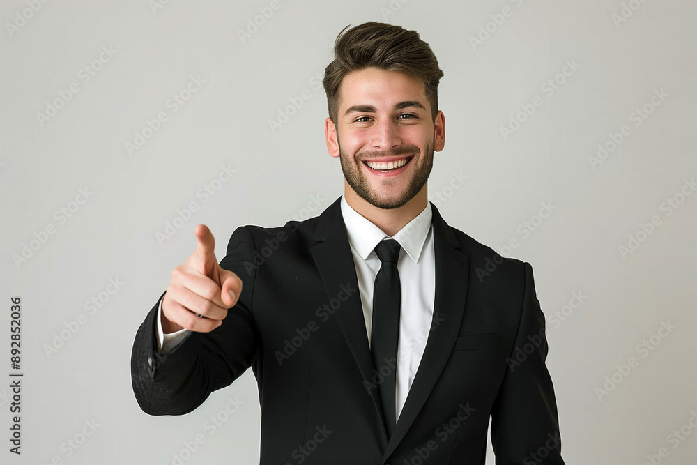 Smiling business man freelancer pointing with index finger and looking at camera standing isolated on white wall background. Happy satisfied young guy with beard, dressed in black costume