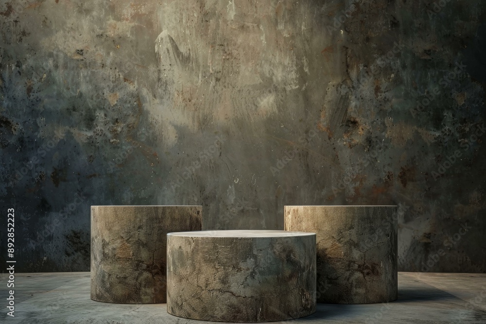 Fototapeta premium Contemporary minimalist concrete podiums with geometric cylindrical design for display and product presentation in modern interior and commercial settings
